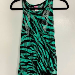 Women’s sheer mesh zebra print animal Black and green tank top biker babe